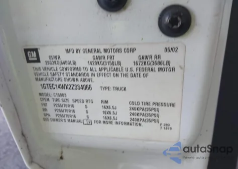 2002 GMC Sierra 1500 Standard z USA, uszkodzony, nr VIN 1GTEC14WX2Z334066